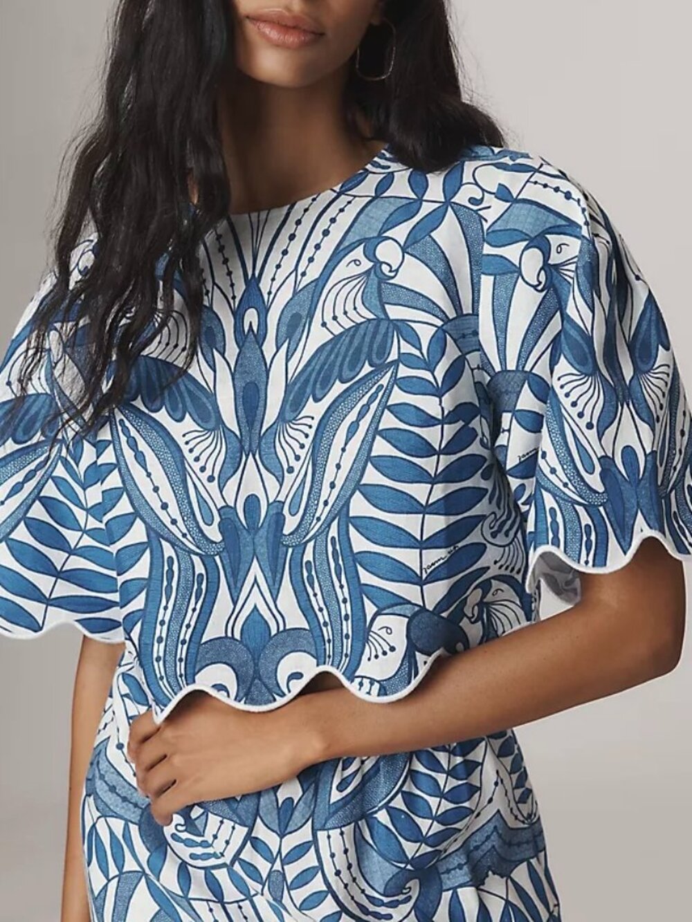 NWOT Farm Rio Linen Lace Nature Short-Sleeve Crop Wavy Blouse Size L Blue